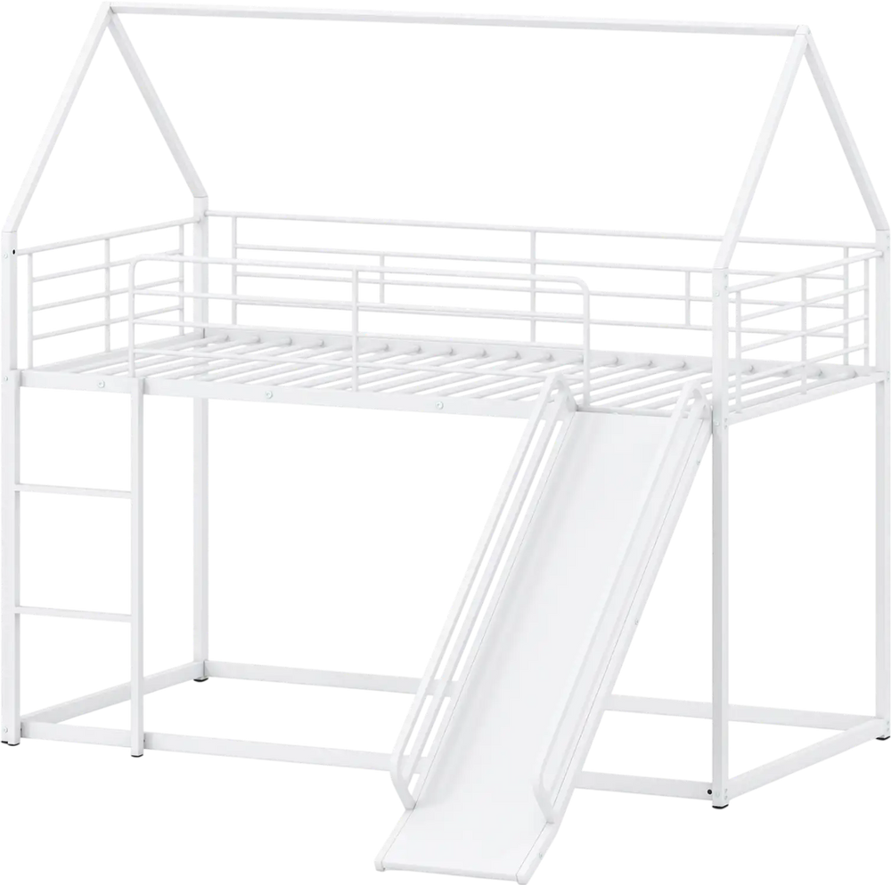 House-shaped metal twin over twin low bunk bed in white with slide, perfect for children's bedrooms or playrooms.