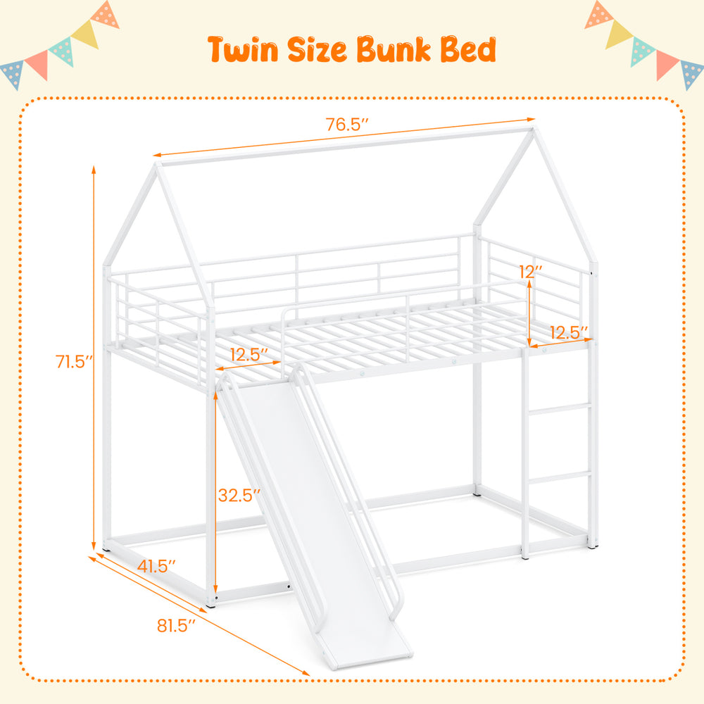 House-shaped metal twin over twin low bunk bed in white with slide, dimensions 76.5" x 41.5" x 71.5".