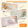House-shaped metal twin over twin low bunk bed in white, styled with light strips, colorful flags, and curtains.