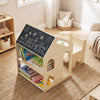 House-shaped wooden kids table and chair set with chalkboard, open shelves, and rounded corners for safe play and.