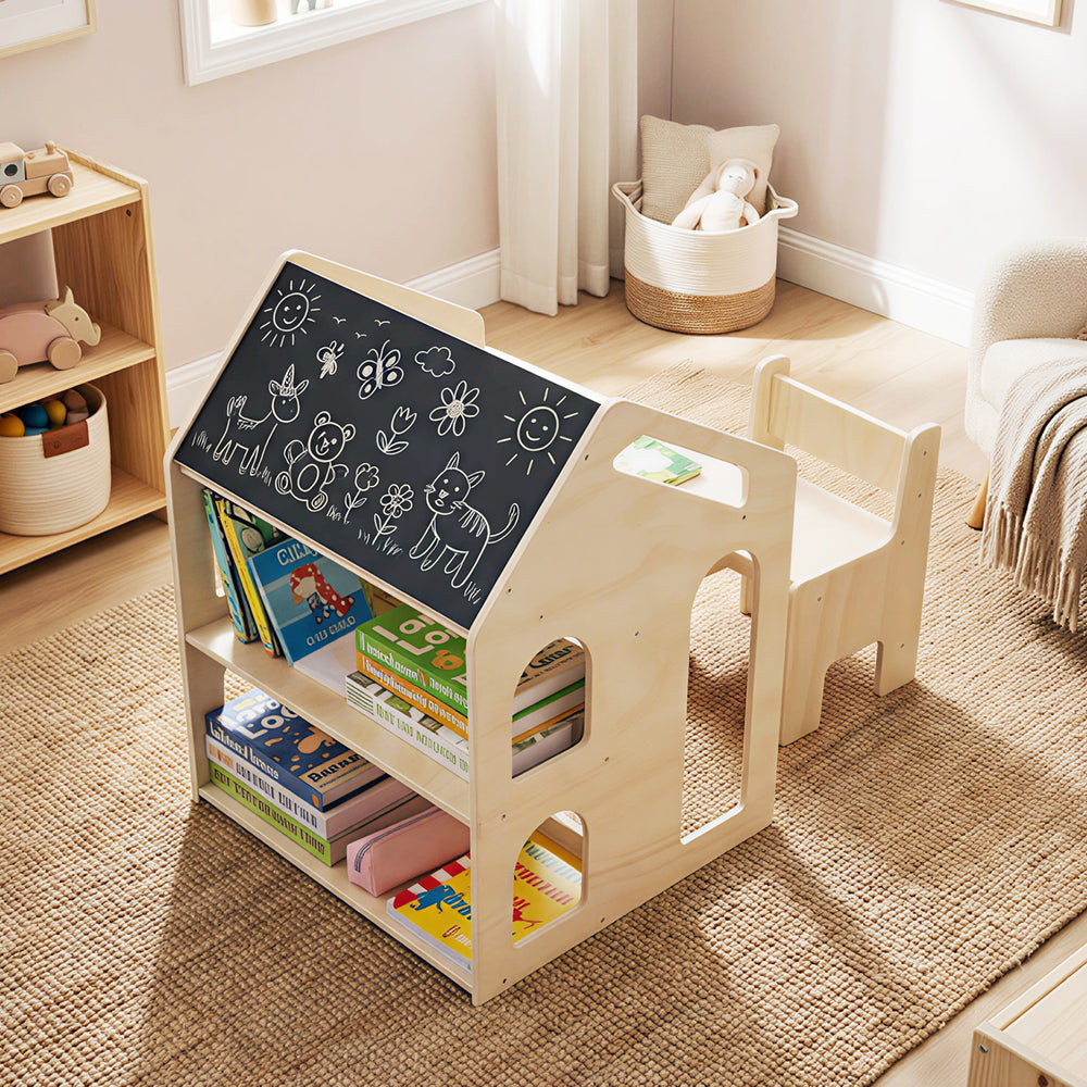 House-shaped wooden kids table and chair set with chalkboard, open shelves, and rounded corners for safe play and.