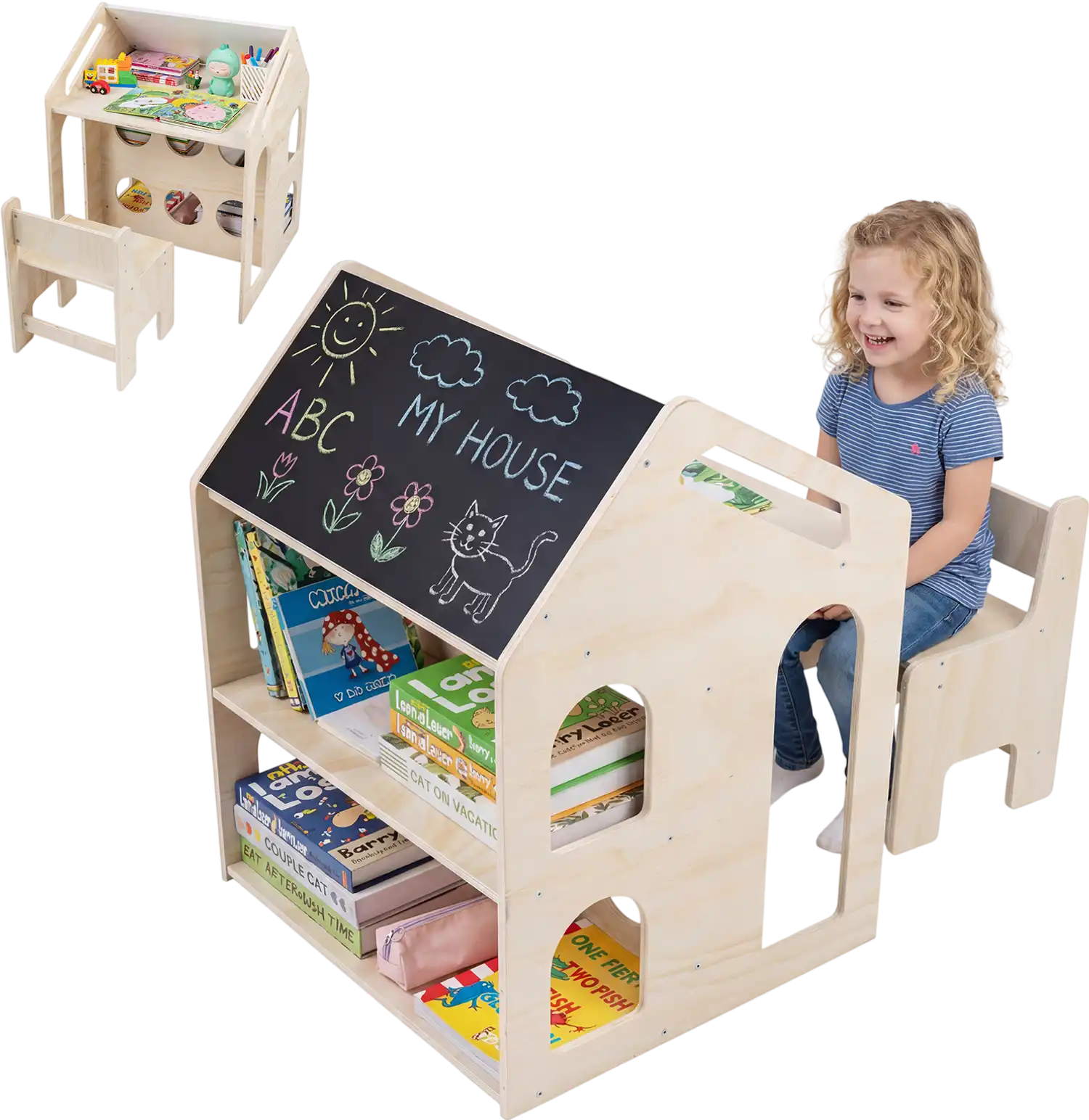 Costway House-Shaped Wooden Kids Activity Table Chair Set 42000267 New