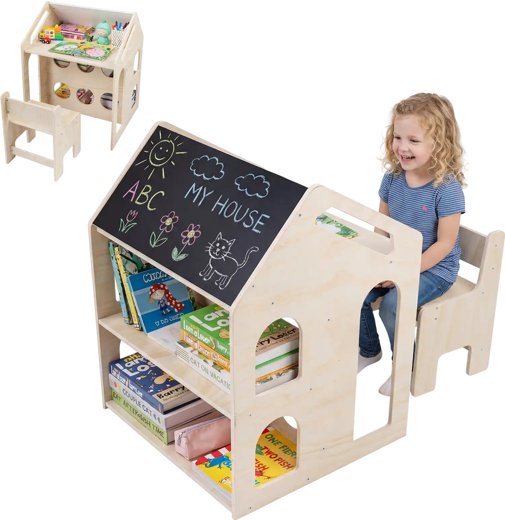 House-shaped wooden activity table and chair set with chalkboard, open shelves, and rounded corners for kids' play and.