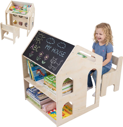 Costway House-Shaped Wooden Kids Activity Table Chair Set 42000267 New