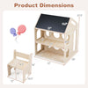 House-shaped wooden activity kids table and chair set with chalkboard, open shelves, and rounded corners for safety.
