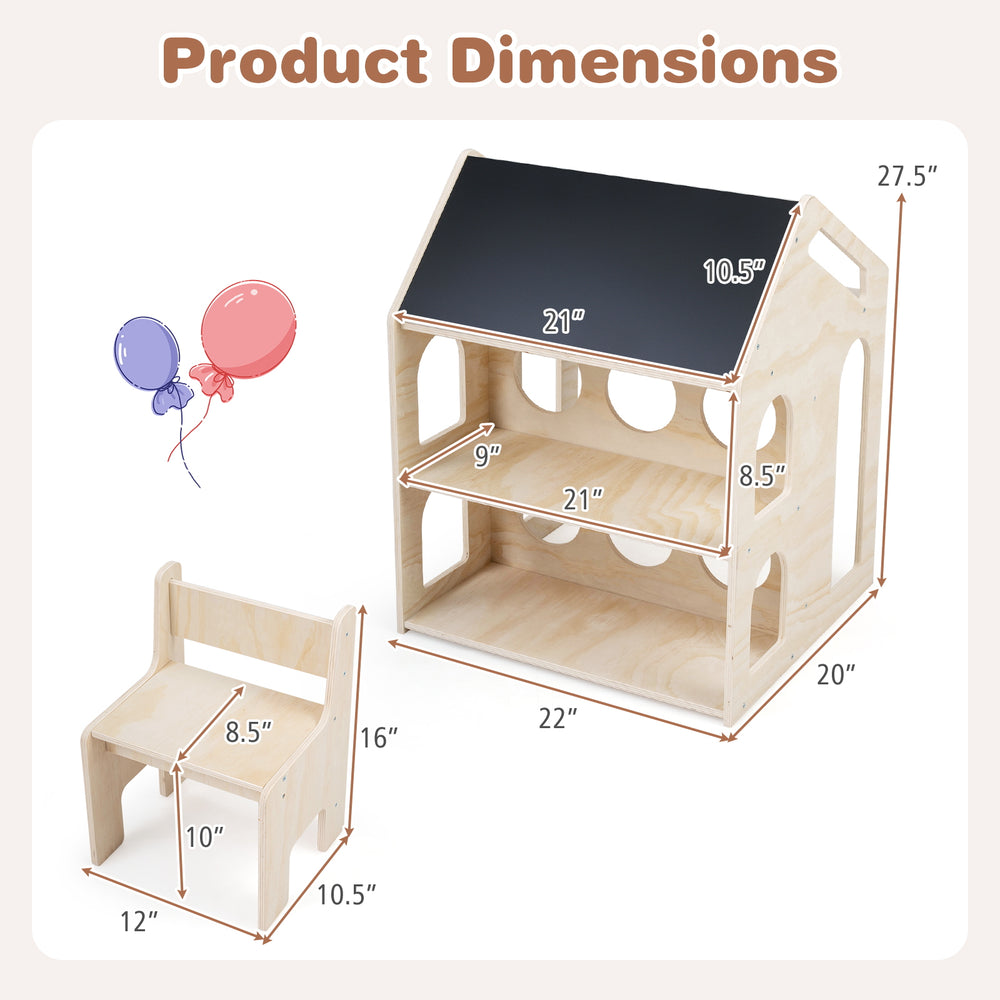 House-shaped wooden activity kids table and chair set with chalkboard, open shelves, and rounded corners for safety.