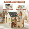 House-shaped wooden kids table and chair set with chalkboard, open shelves, and wide desktop for multifunctional use.