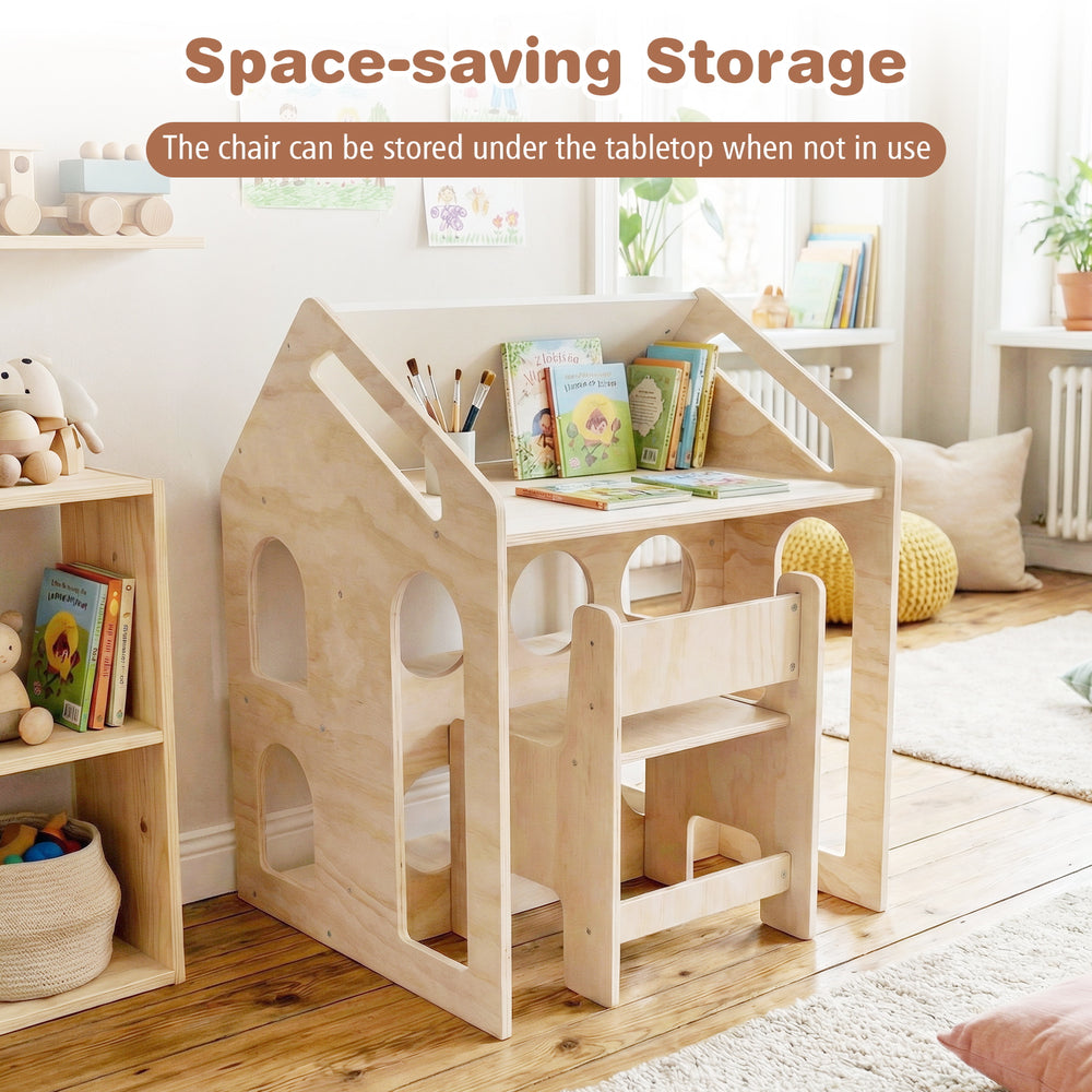 House-shaped wooden kids table and chair set with storage, featuring a wide tabletop and two open shelves for.