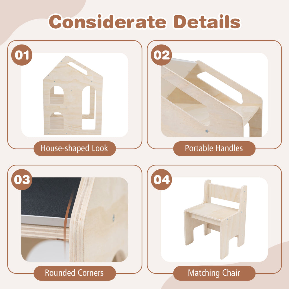 House-shaped wooden kids table and chair set with portable handles, rounded corners, and chalkboard for multifunctional.