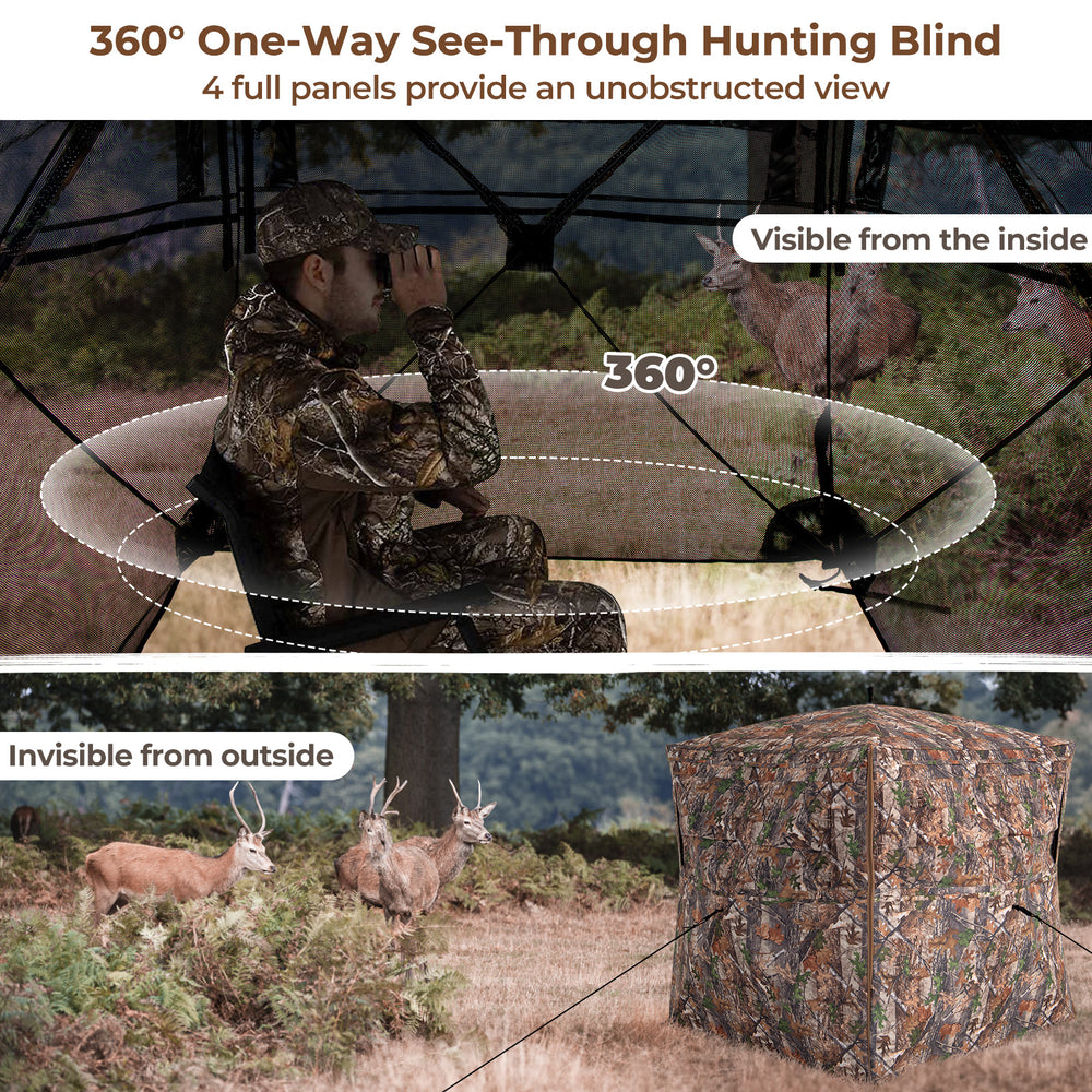 360-degree see-through hunting blind with camouflage pattern, spacious for 2-3 hunters, ideal for bow and firearm.