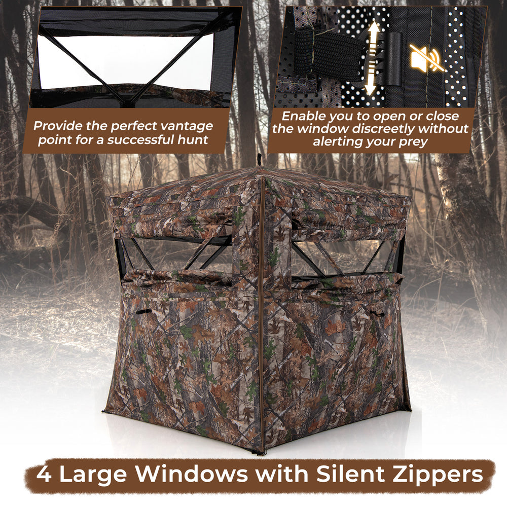 Hunting blind with camouflage pattern, featuring 4 large windows with silent zippers for 360-degree visibility.