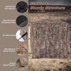 Hunting blind featuring camouflage design, 360-degree visibility, and durable 150D polyester for effective concealment.
