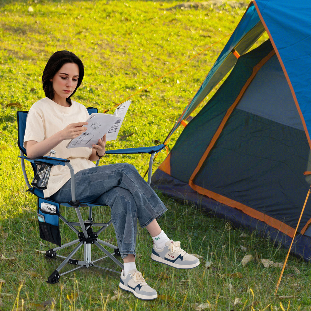 Portable foldable hunting chair with 360° swivel seat, blue fabric, and side storage pockets for camping and outdoor.