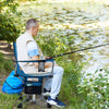 360° swivel hunting chair in blue with mesh cup holder and storage pockets, perfect for fishing and outdoor activities.