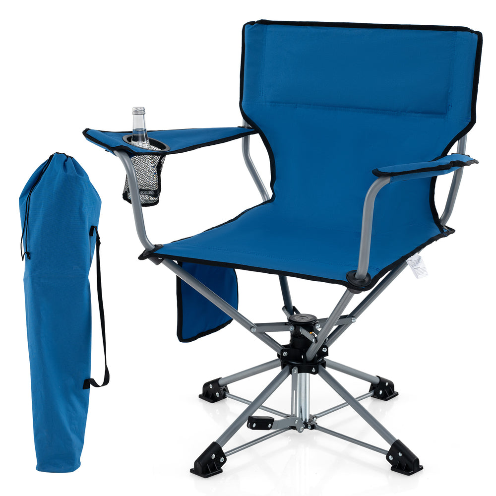 Portable blue 360° swivel hunting chair with armrests, mesh cup holder, and storage pockets for outdoor activities.