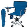 Portable blue 360° swivel hunting chair with armrests, mesh cup holder, and storage pockets for outdoor activities.