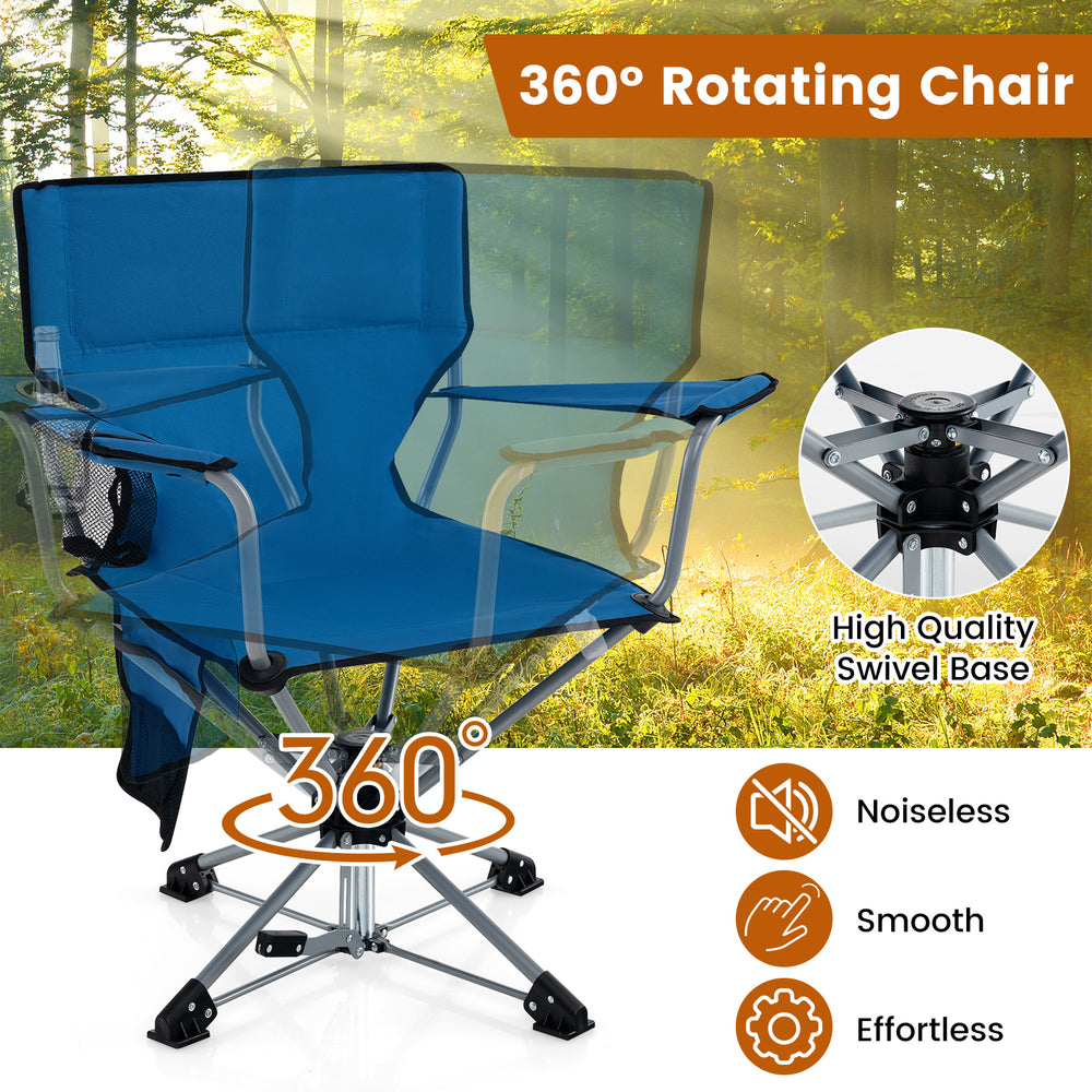 360° swivel hunting chair in blue with a sturdy metal frame, mesh cup holder, and storage pockets for outdoor.