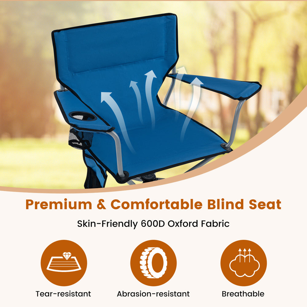 Portable blue hunting chair with 360° swivel, made of 600D oxford fabric, featuring cup holder and storage pockets.