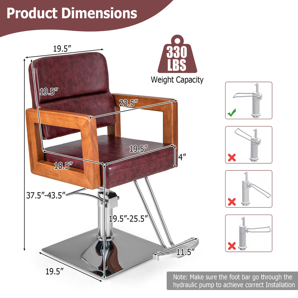 Hydraulic barber chair with red PVC leather, 360-degree swivel, and adjustable height for hairstylist comfort.
