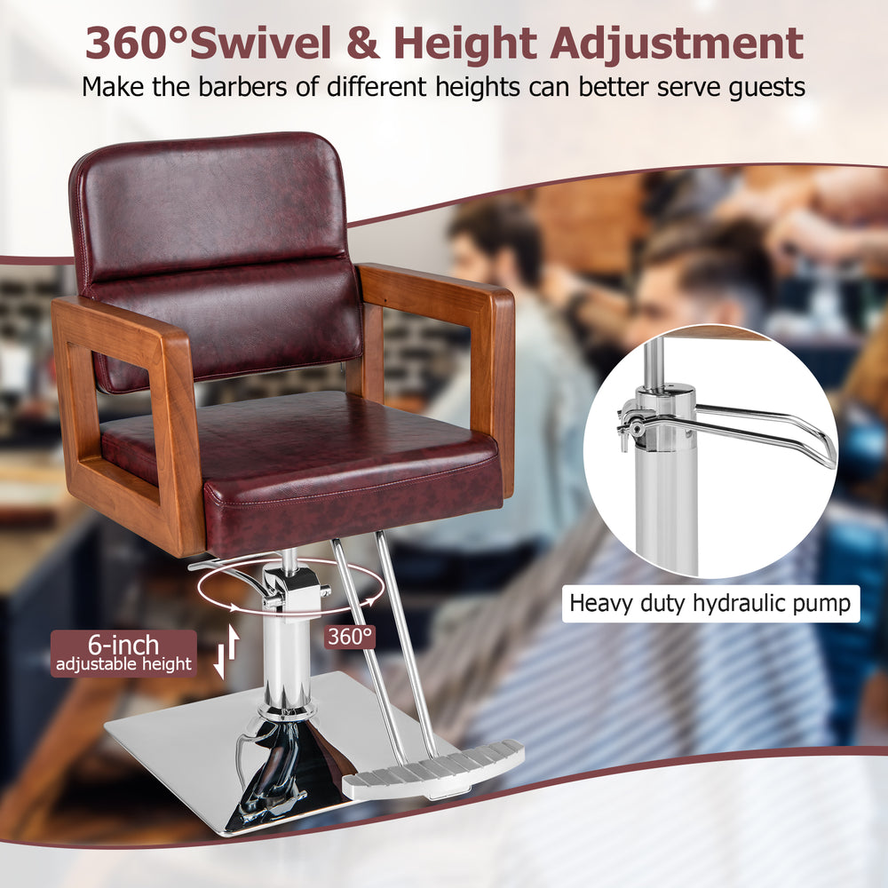 Hydraulic barber chair with 360-degree swivel, red leather, and adjustable height from 21.5” to 27.5” for stylists.