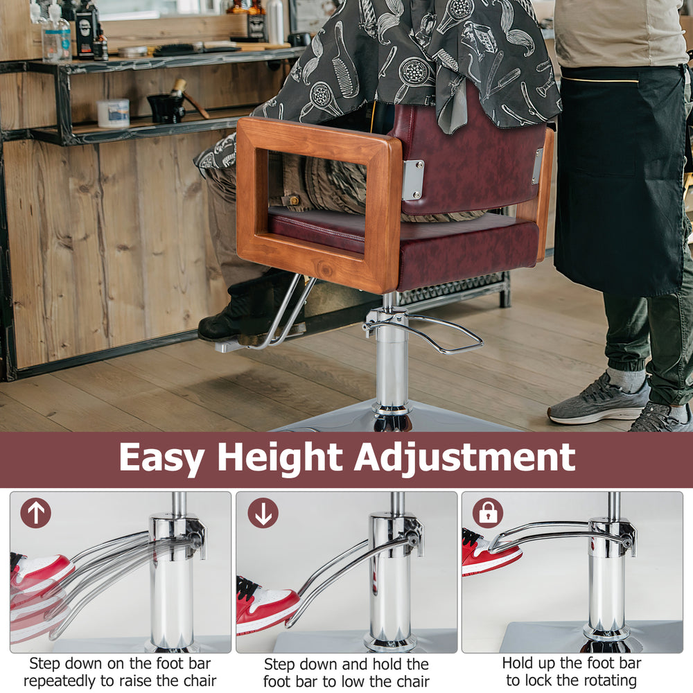 Hydraulic barber chair with red leather, 360-degree swivel, and easy height adjustment for versatile styling.