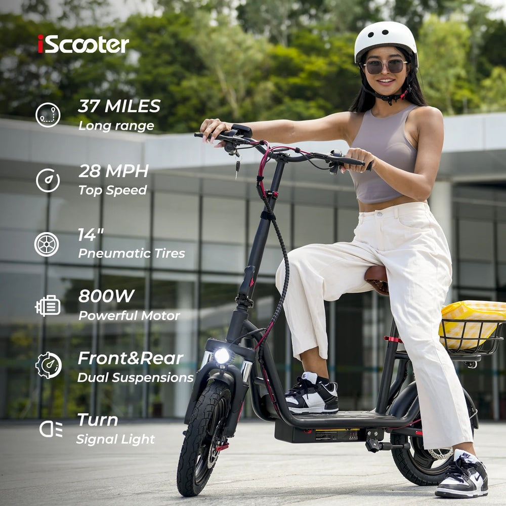 iScooter i14 Foldable Electric Scooter 34 Mile Range 28 MPH 800W 54.6V with Seat and Basket New