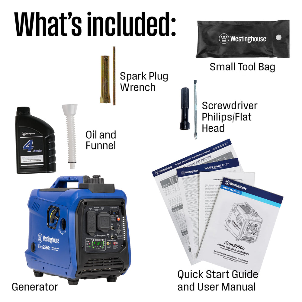 Westinghouse iGen2550c Inverter Generator 1800W/2550W 30 Amp Recoil Start Gas with CO Sensor New