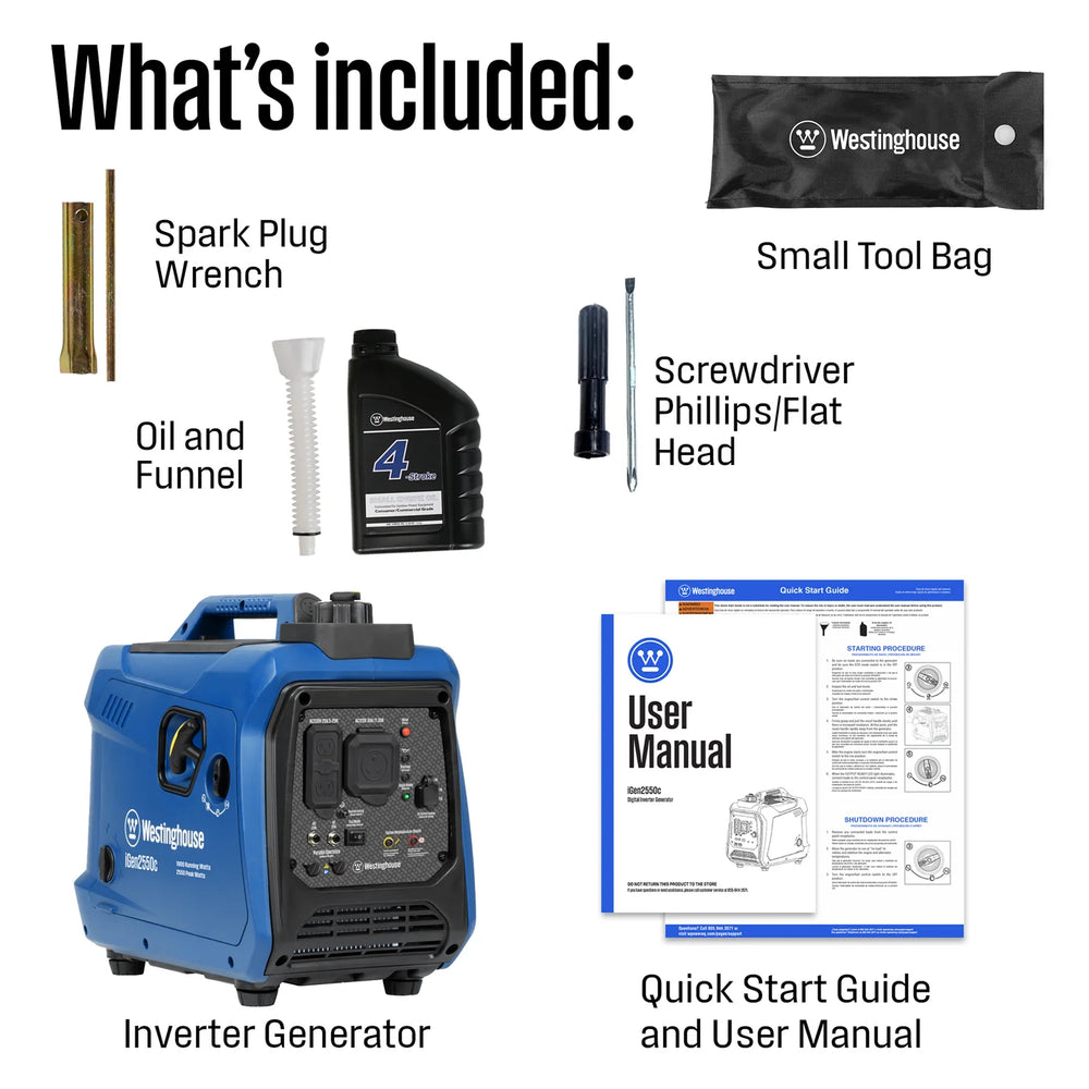 Westinghouse iGen2550c Inverter Generator 1900W/2550W 30 Amp Recoil Start Gas with CO Sensor New