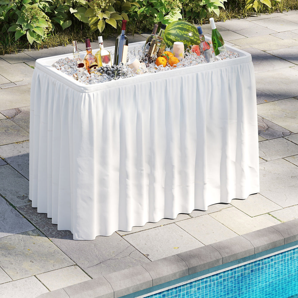 Portable 4-foot ice cooler folding table with large sink, white skirt, ideal for parties and outdoor events.
