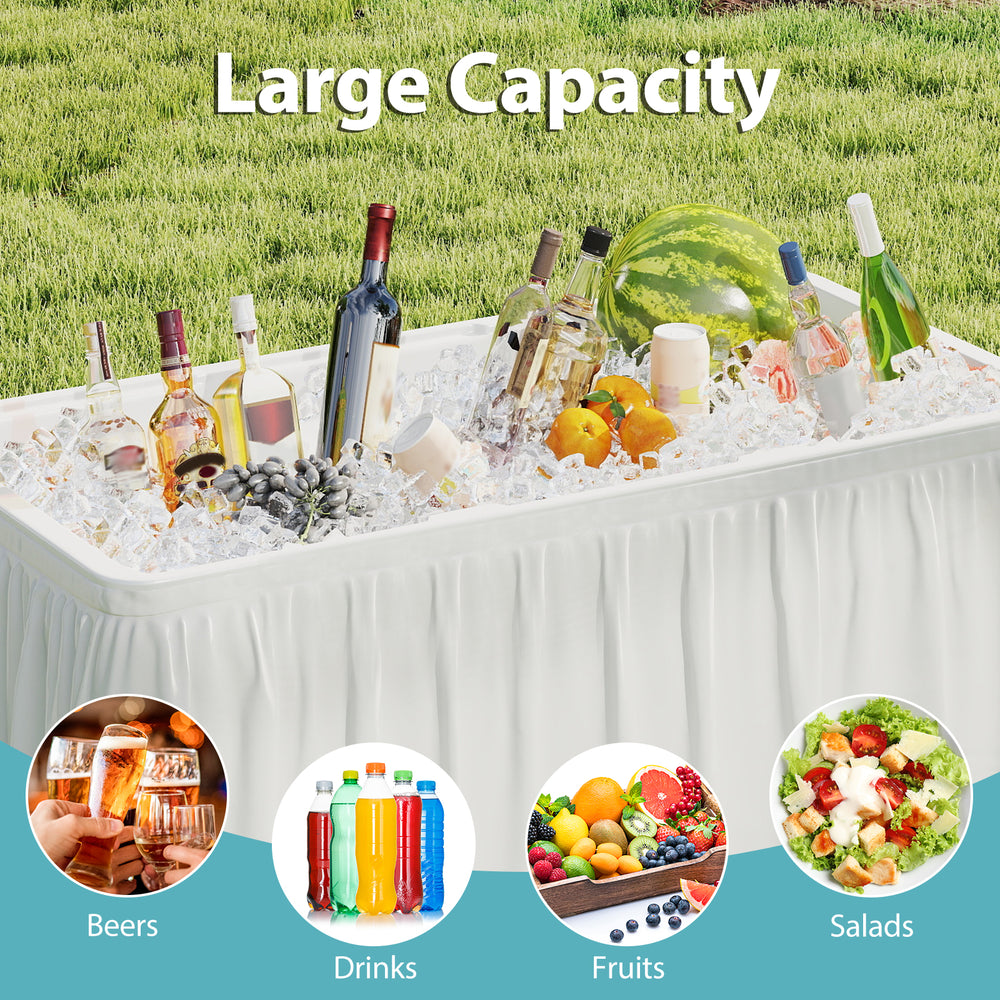Portable 4-foot ice cooler folding table with large capacity for beers, drinks, fruits, and salads, perfect for outdoor.