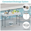 4-foot white folding table with large sink, drainage system, and foldable bucket, ideal for parties and outdoor events.