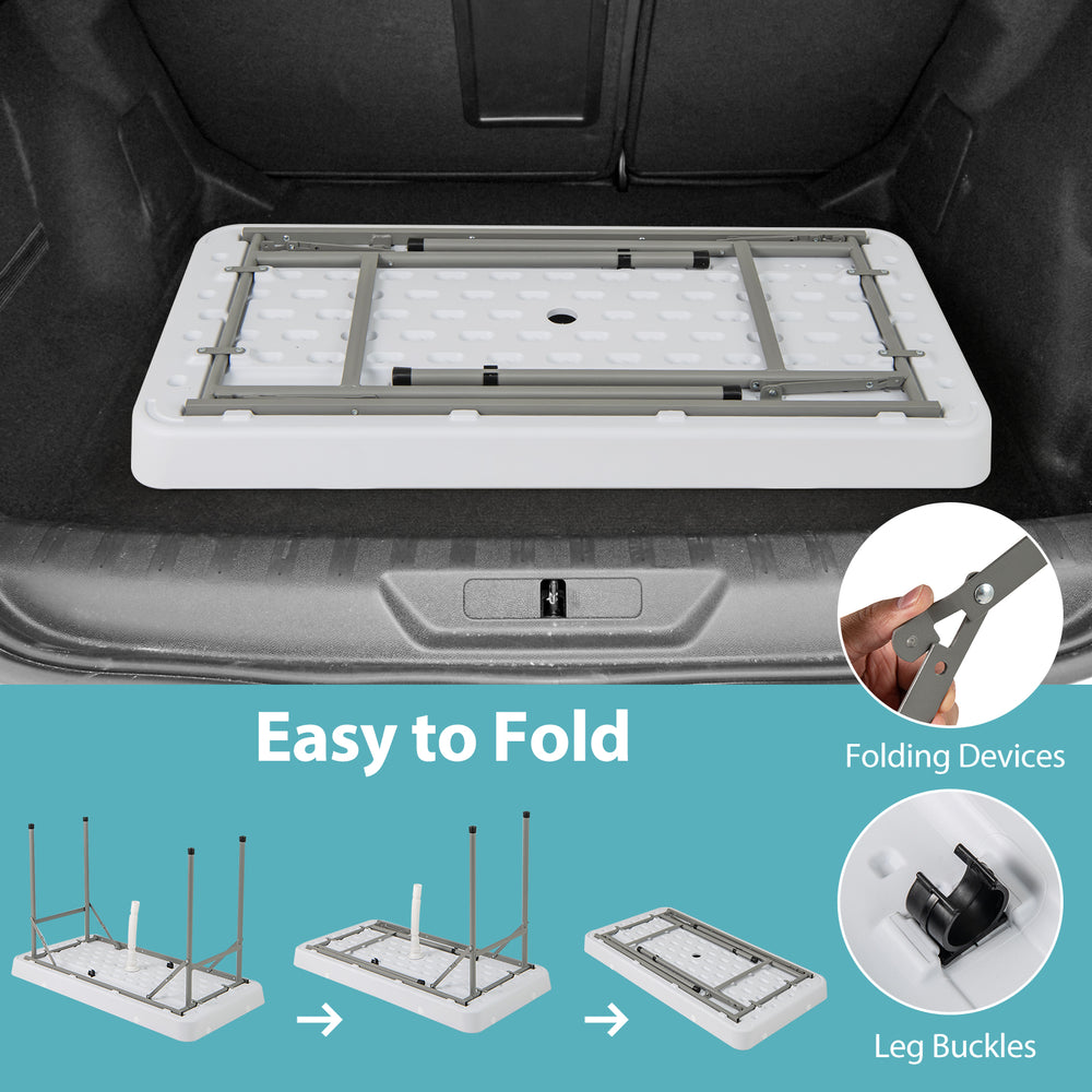 4-foot folding table with large sink, white HDPE top, and sturdy metal frame, ideal for parties and outdoor events.