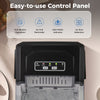 Control panel of the black countertop ice maker with one-button operation, ice size selection, and indicators for home.