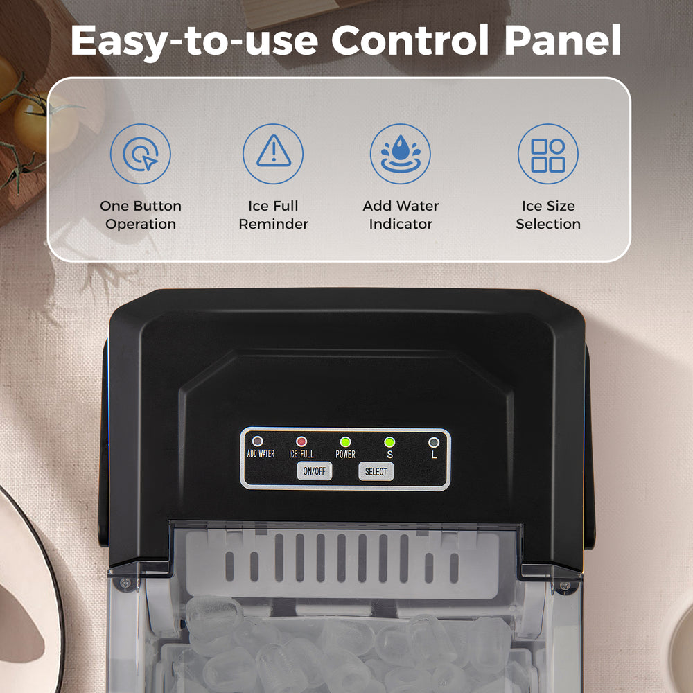 Control panel of the black countertop ice maker with one-button operation, ice size selection, and indicators for home.