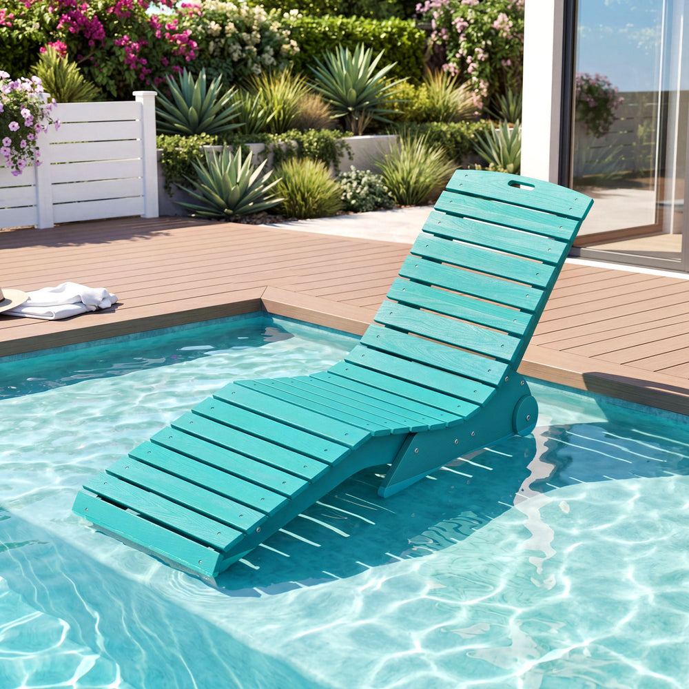Turquoise in-pool lounge chair with ergonomic design and weighted anti-floating feature, ideal for baja shelves and relaxation.