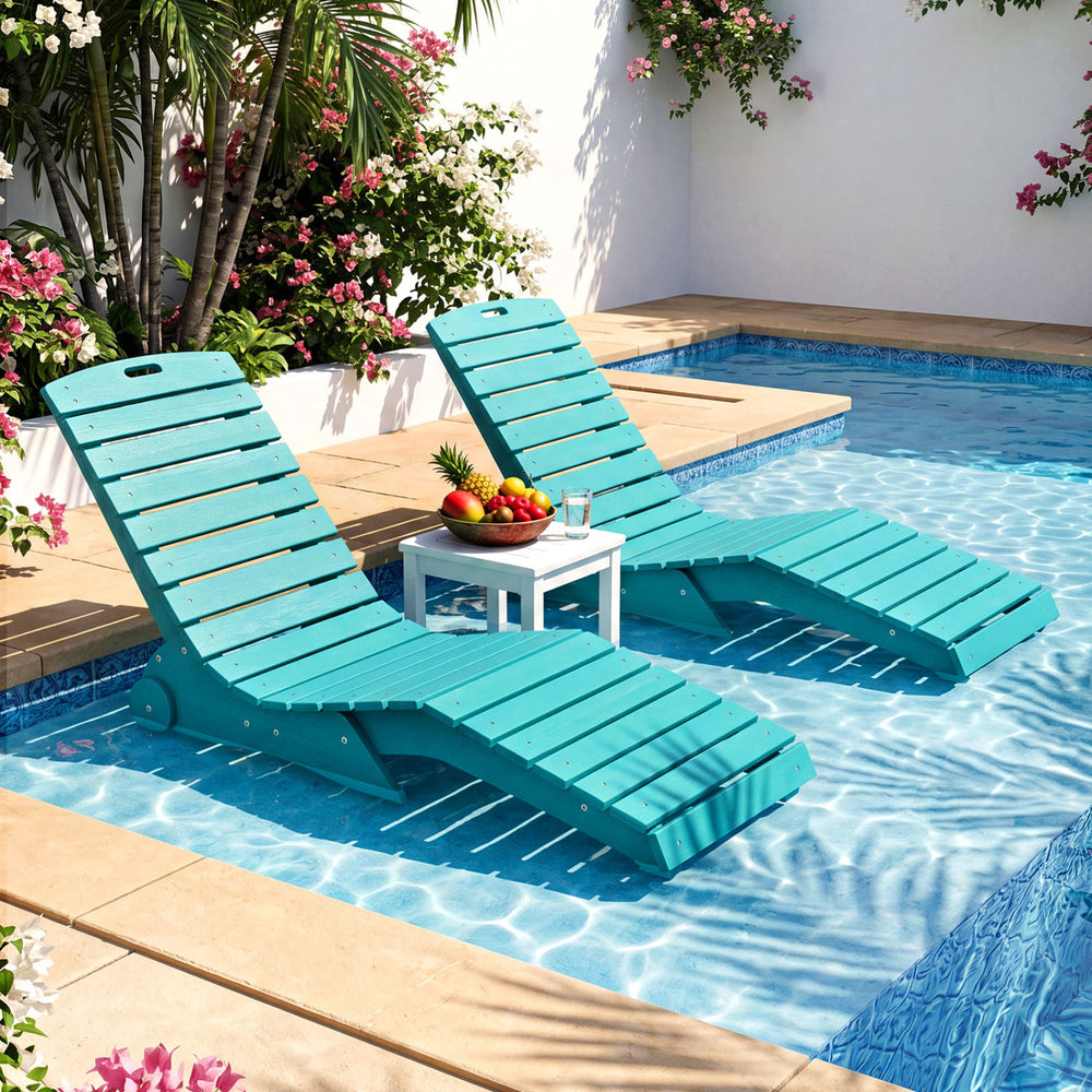 Turquoise in-pool lounge chairs with ergonomic design and weighted anti-floating feature for Baja shelf relaxation.