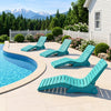 Turquoise in-pool lounge chairs with ergonomic design and weighted anti-floating feature, ideal for baja shelves and outdoor relaxation.