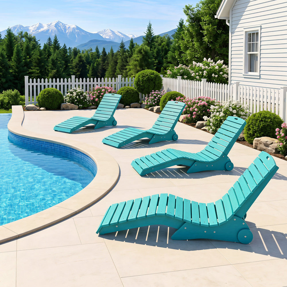 Turquoise in-pool lounge chairs with ergonomic design and weighted anti-floating feature, ideal for baja shelves and outdoor relaxation.