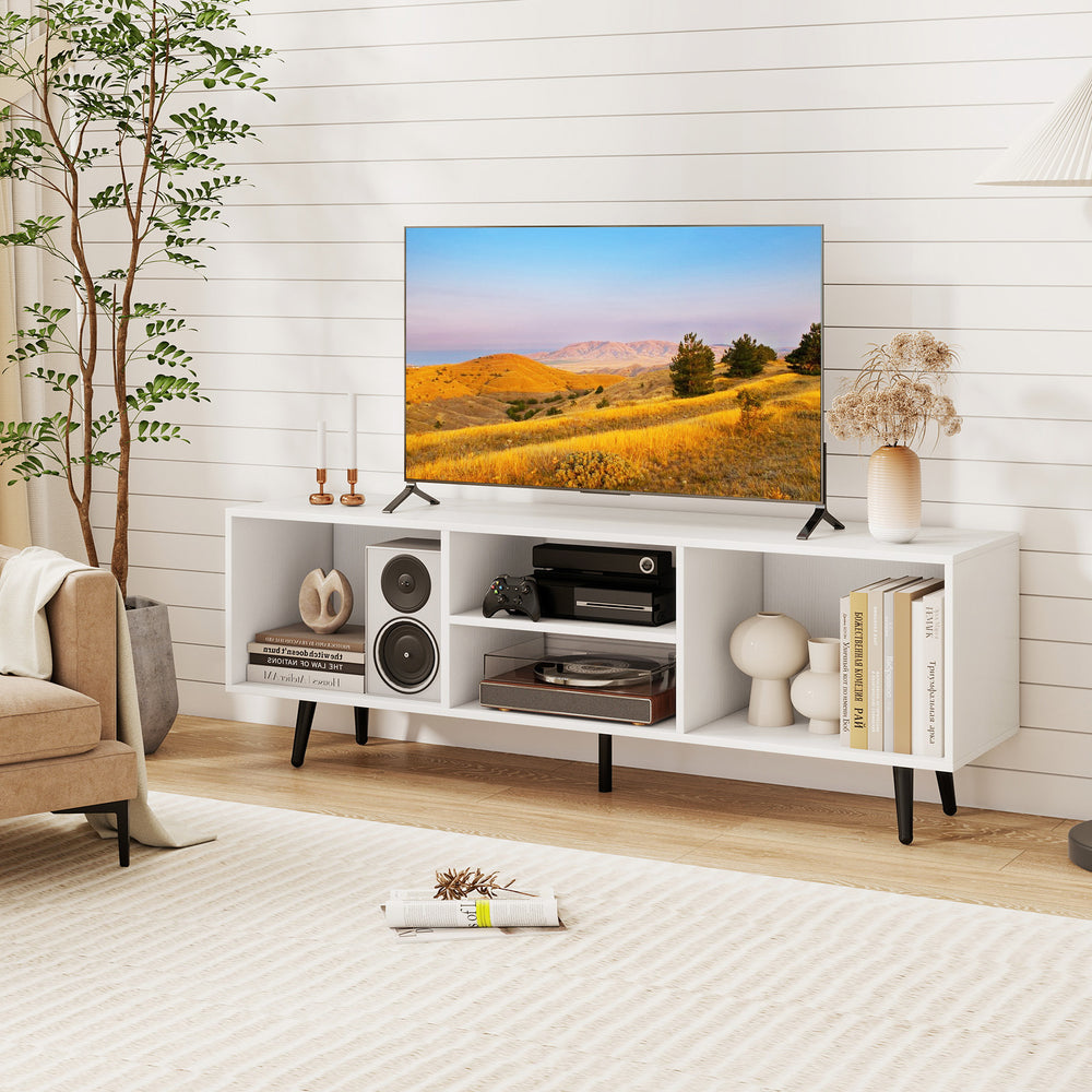 White 47.5-inch TV stand with metal legs, featuring compartments for gaming consoles and books, ideal for living rooms.