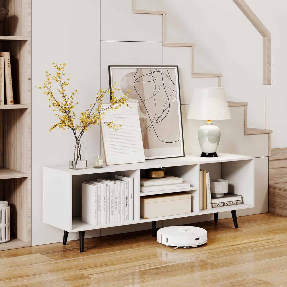White 47.5-inch TV stand with compartments and metal legs, ideal for living rooms and bedrooms, showcasing books and.