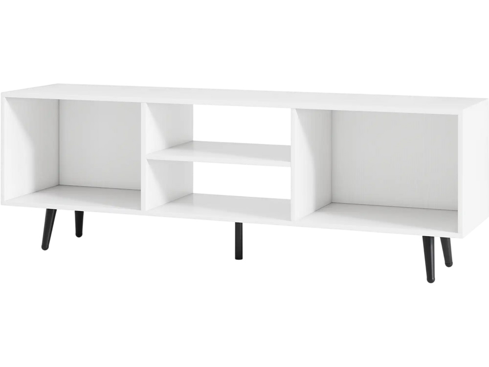 White 47.5-inch TV stand with metal legs, featuring compartments for storage, ideal for living rooms and bedrooms.