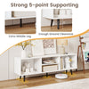47.5-inch white TV stand with metal legs, featuring compartments for storage and extra middle leg for stability.