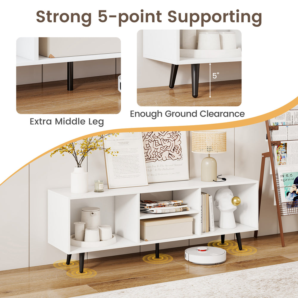 47.5-inch white TV stand with metal legs, featuring compartments for storage and extra middle leg for stability.
