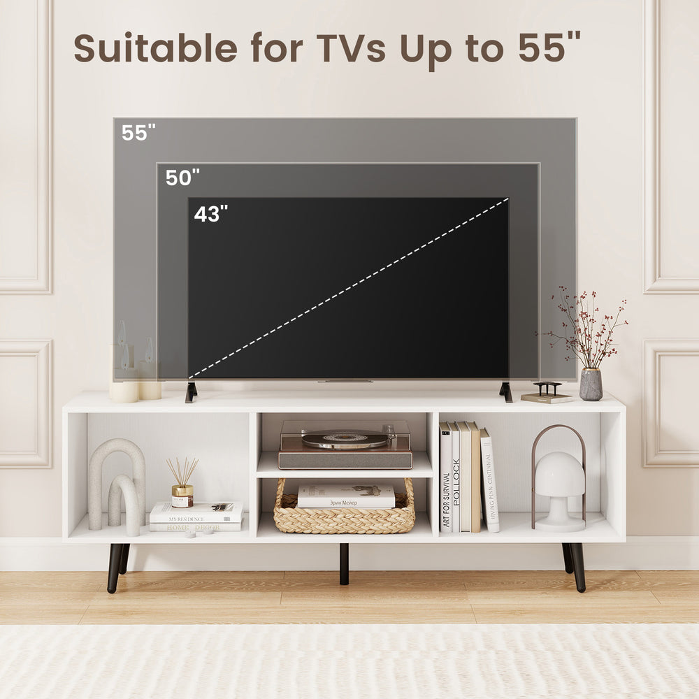 47.5-inch white TV stand with compartments, suitable for TVs up to 55 inches, featuring metal legs for stability.