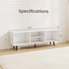 47.5-inch white TV stand with compartments and metal legs, showcasing dimensions for versatile placement in living.