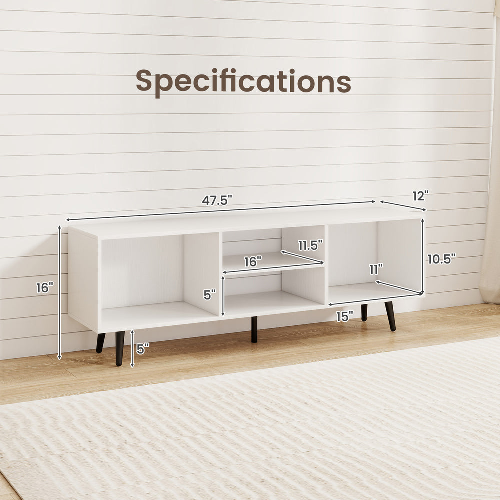47.5-inch white TV stand with compartments and metal legs, showcasing dimensions for versatile placement in living.