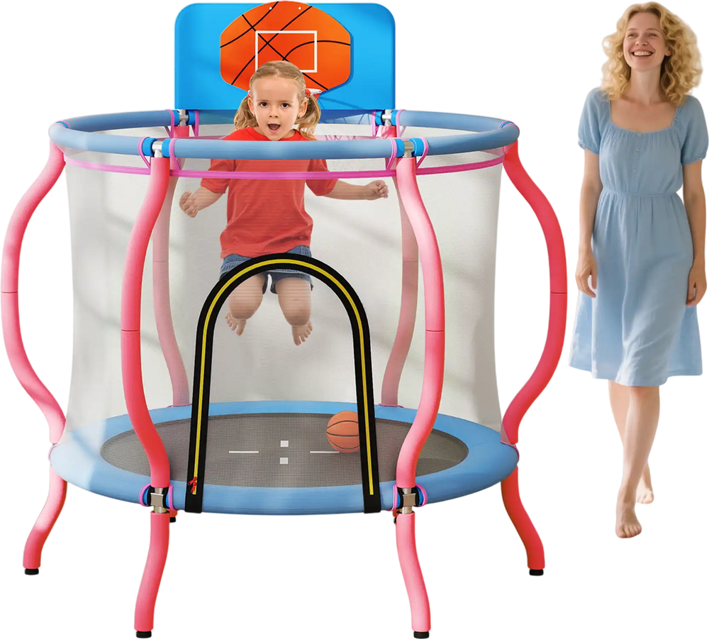 Kids trampoline with pink frame, 48" jumping surface, and basketball hoop for indoor and outdoor fun.