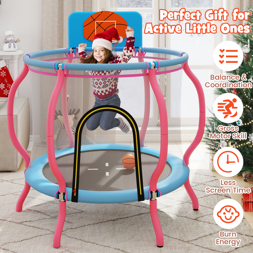 Kids trampoline in pink with a bouncy PP jumping mat, safety mesh, and curved side tubes for secure play indoors or.