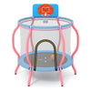 Pink kids trampoline featuring a basketball hoop, tall safety mesh, and padded poles for safe indoor and outdoor.