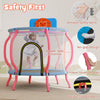 Kids trampoline with pink frame, safety mesh, and basketball hoop for indoor and outdoor fun, supports 330 lbs.